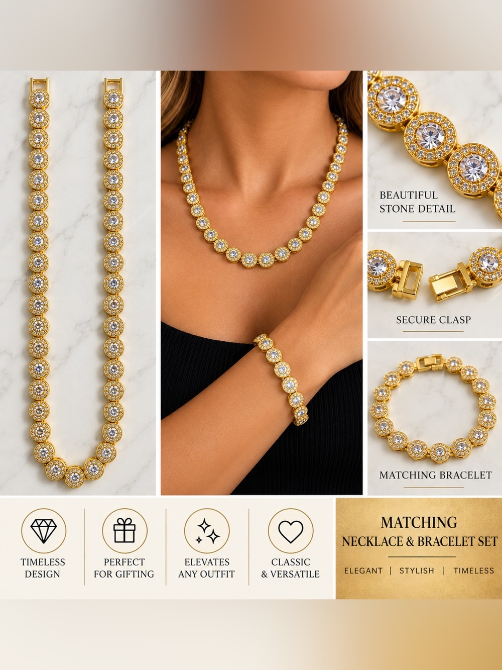 Gold Crystal Tennis Necklace & Bracelet Set - Elegant Women's Jewelry